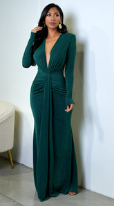 Leilani Metallic Ruched Deep V Maxi Dress - Green